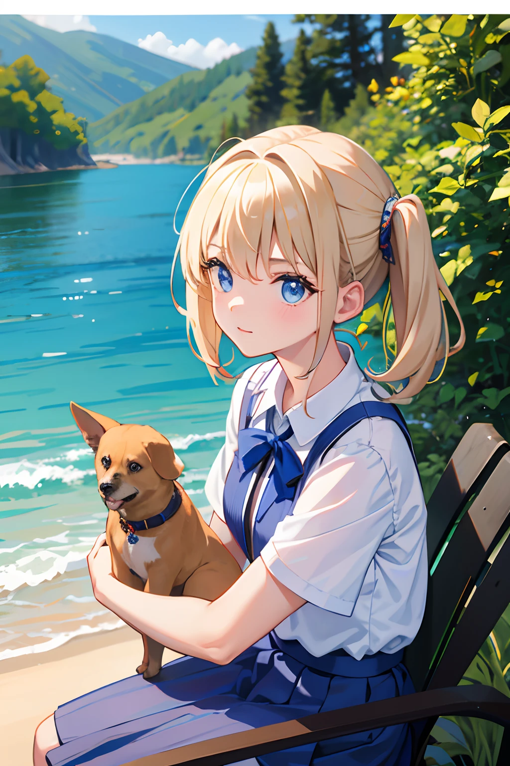 Masterpiece, girl holding cute dog