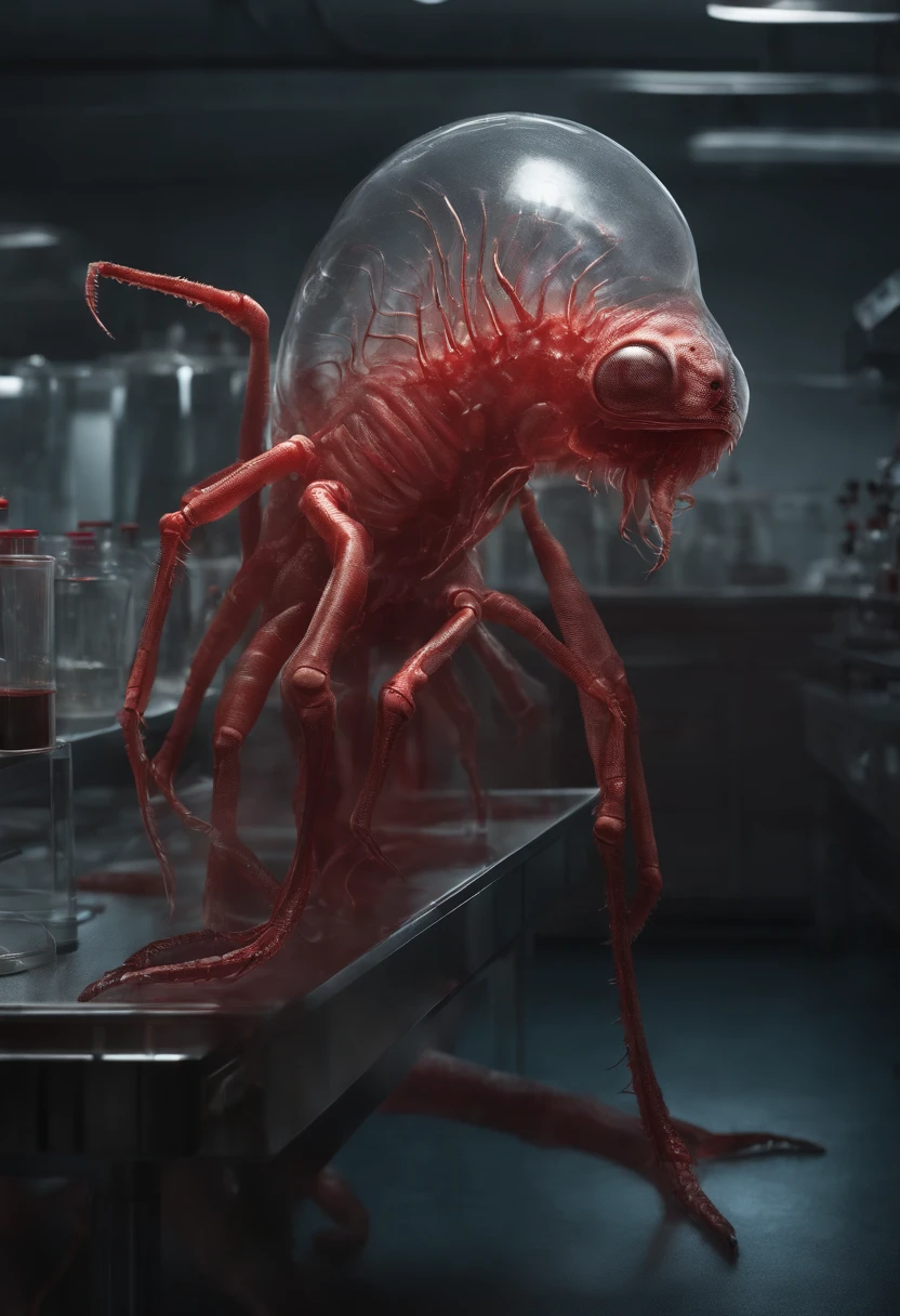 transparent creature with red blood, being observed in a laboratory by scientists,illustration,ultra-detailed,highres,realistic, portraits, vivid colors,studio lighting,sharp focus,physically-based rendering,creature anatomy,scientific research, microscopes, blood samples, laboratory equipment, intense gaze from scientists, scientific fascination, artistic portrayal, scientific exploration, contrasting colors, soft light, gloomy atmosphere, intricate details, detailed textures
