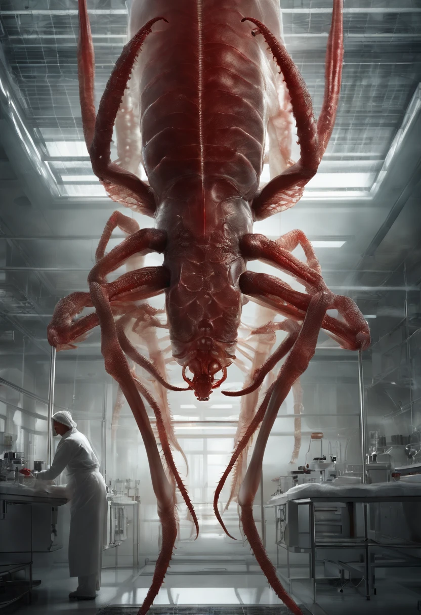 transparent creature with red blood, being observed in a laboratory by scientists,illustration,ultra-detailed,highres,realistic, portraits, vivid colors,studio lighting,sharp focus,physically-based rendering,creature anatomy,scientific research, microscopes, blood samples, laboratory equipment, intense gaze from scientists, scientific fascination, artistic portrayal, scientific exploration, contrasting colors, soft light, gloomy atmosphere, intricate details, detailed textures