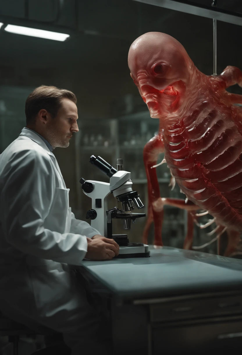 transparent creature with red blood, being observed in a laboratory by scientists,illustration,ultra-detailed,highres,realistic, portraits, vivid colors,studio lighting,sharp focus,physically-based rendering,creature anatomy,scientific research, microscopes, blood samples, laboratory equipment, intense gaze from scientists, scientific fascination, artistic portrayal, scientific exploration, contrasting colors, soft light, gloomy atmosphere, intricate details, detailed textures