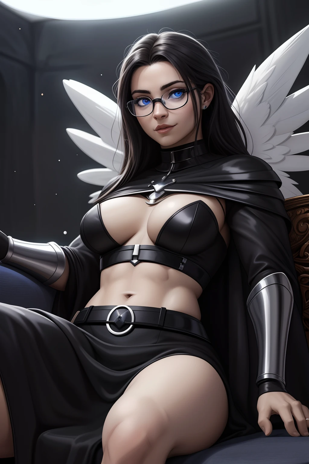 Woman with glasses sitting on a couch with a furry , aluna hiperrealista, com rabo-de-porco preto, character is in her natural pose, imagem ultra realista, Commission for High Res, nerdy black girl super hero, With eye Glasses, uma aluna hiperrealista, thick glasses, Estilo de arte fotorrealista, photorealistic illustration, Estilo de arte realista, Realistic student cosmic fallen angel, olhos claros brilhantes, Biomechanicals, estranho, assustador, pesadelo, cores muito brilhantes, light particles, com luz brilhante, Mshiff, Arte do papel de parede, papel de parede uhd, Anakil Skywalker, 15 anos, roupas medievais