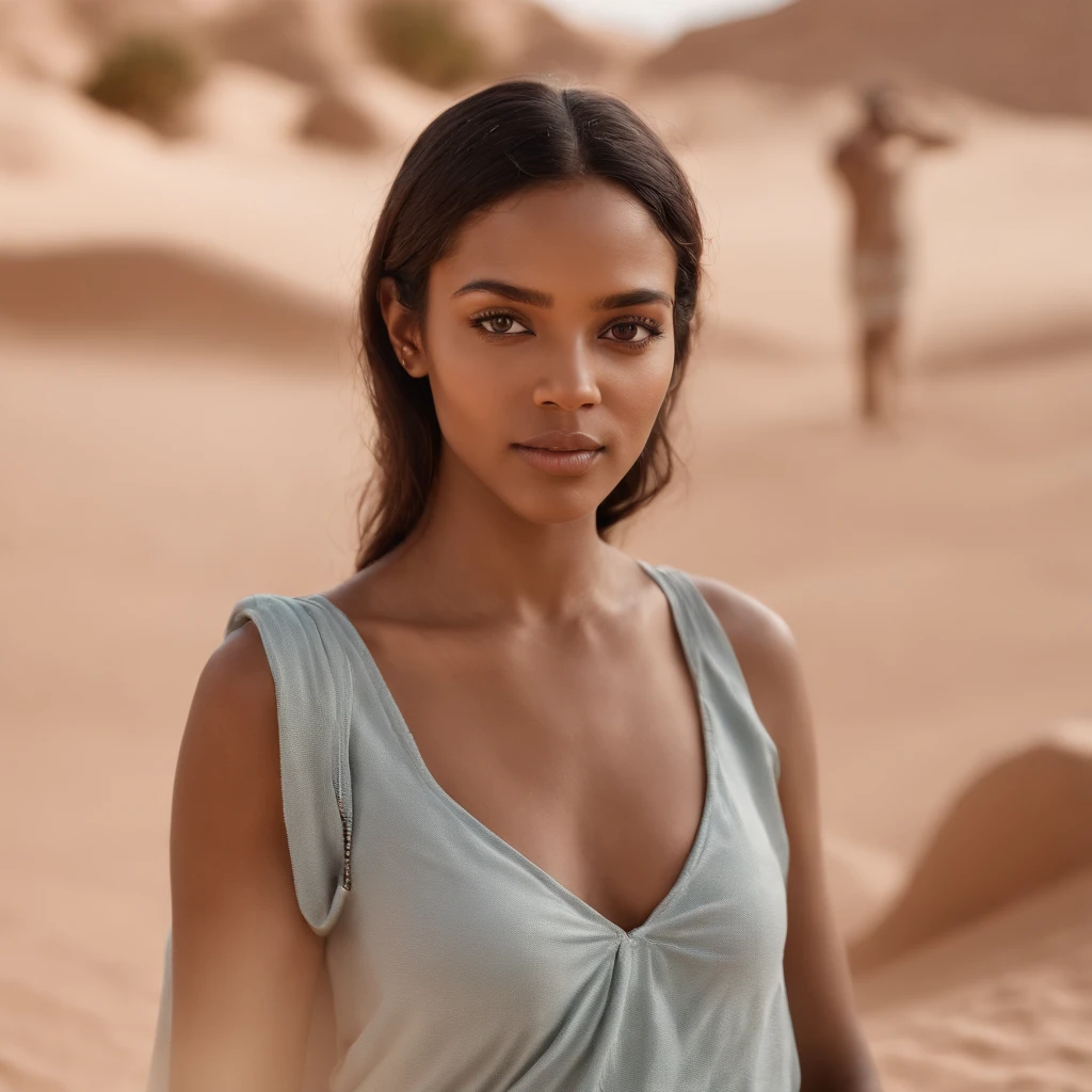 Um retrato impressionante de uma mulher negra com olhos de mel, pele macia, roupas estilosas, Arabic clothes in the style of colorful geometries, no deserto, chorando, de corpo inteiro, mostrando as pernas, Egyptian Desert, iluminado por um Nikon Z3 bruto hiperrealista e helios 44 2 f2 58 mm bokeh redemoinho, Film, Fujifilm, with an anamorphic milky bokeh radiating from all over his body.