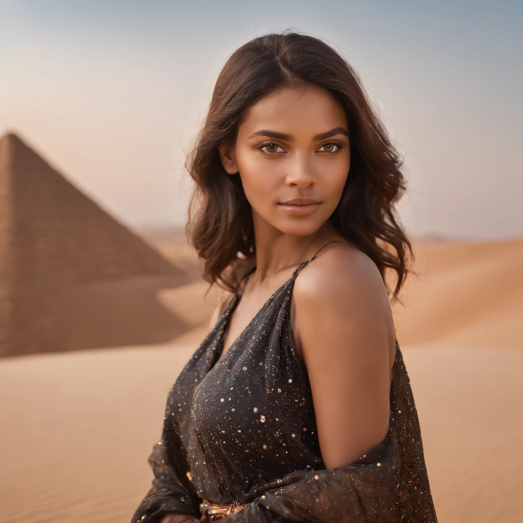 Um retrato impressionante de uma mulher negra com olhos de mel, pele macia, roupas estilosas, Arabic clothes in the style of colorful geometries, no deserto, chorando, de corpo inteiro, mostrando as pernas, Egyptian Desert, iluminado por um Nikon Z3 bruto hiperrealista e helios 44 2 f2 58 mm bokeh redemoinho, Film, Fujifilm, with an anamorphic milky bokeh radiating from all over his body.