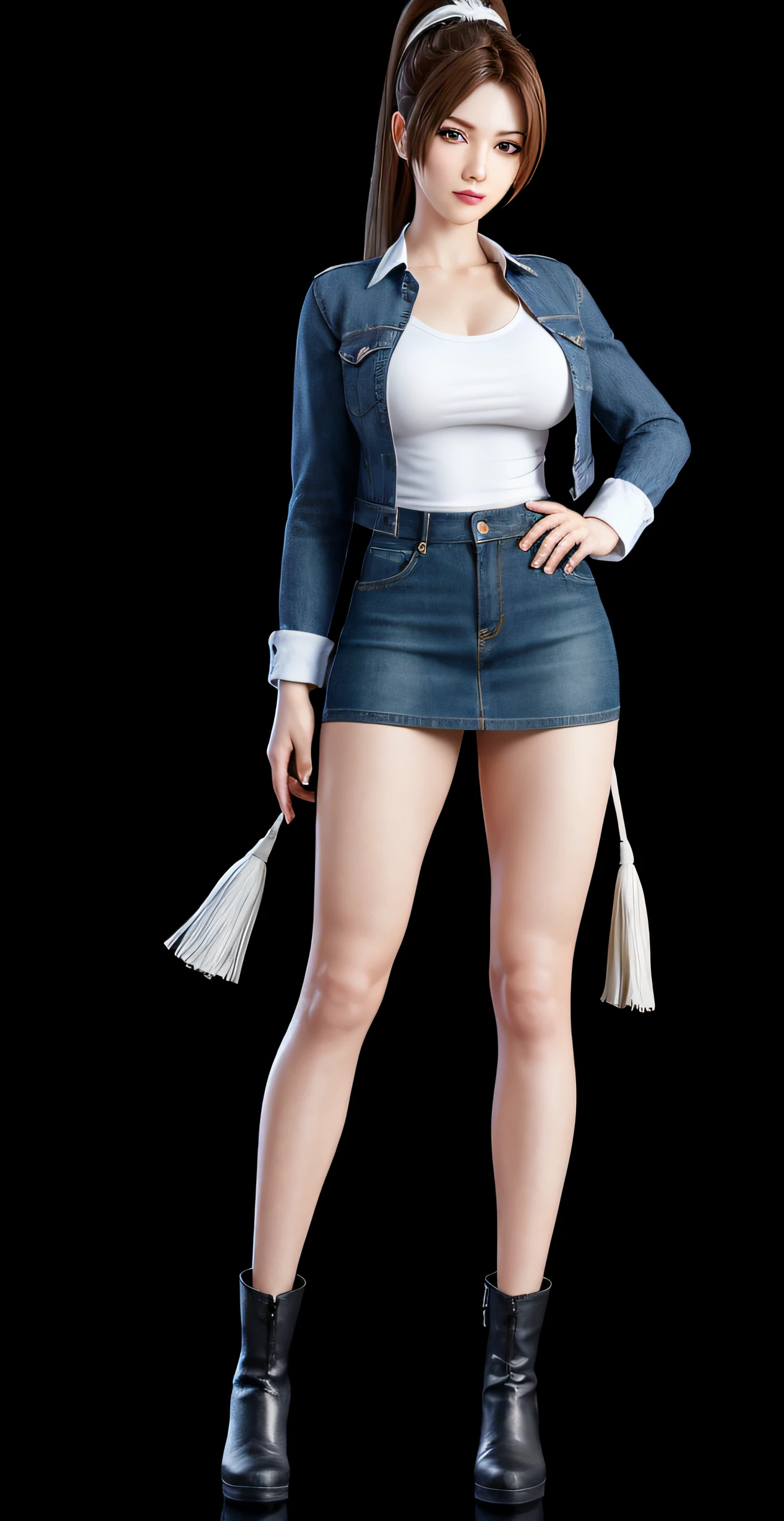 Mai shiranui posando pra foto, rosto angelical, expression serious, rosto detalhado, corpo perfeito, Makeup Bug Fix, textura ultra realista,, usando uma minisaia branca, white miniskirt, usando bota preta, black boot, usando jaqueta jeans azul, blue denim jacket