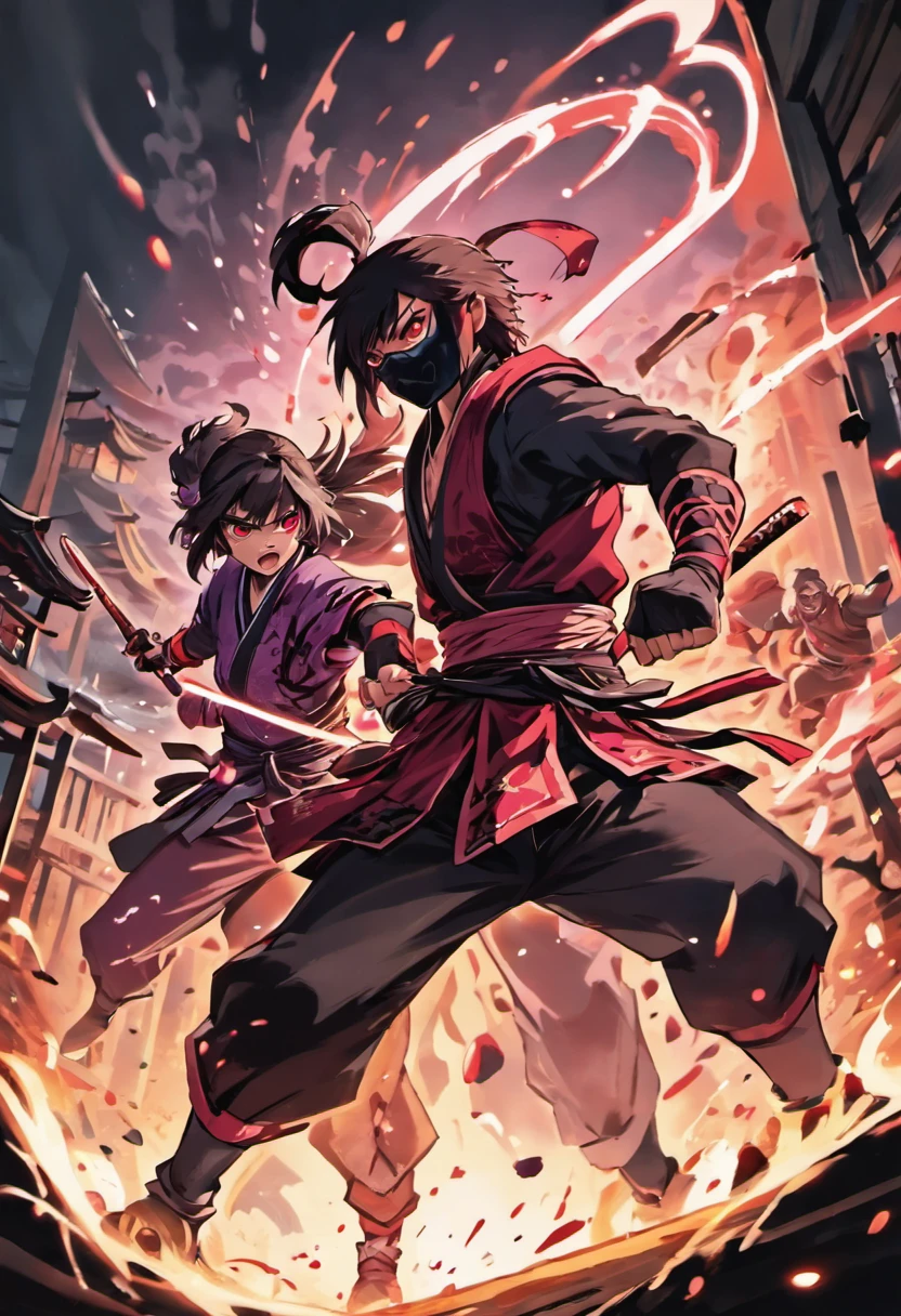(best quality,highres,realistic:1.37),detailed and intense battle between two ninjas,fierce facial expressions,twisting and flipping bodies,precision strikes and acrobatic movements,shurikens flying through the air,clouds of smoke and dust,sword clashes and sparks,moonlit night with a mysterious ambiance,traditional Japanese setting with ancient architecture and cherry blossoms,deep shadows and dramatic lighting,sharp focus on intricate ninja costumes and weapons,dynamic composition with diagonal lines and asymmetrical balance,vivid colors with contrasting red and black tones.