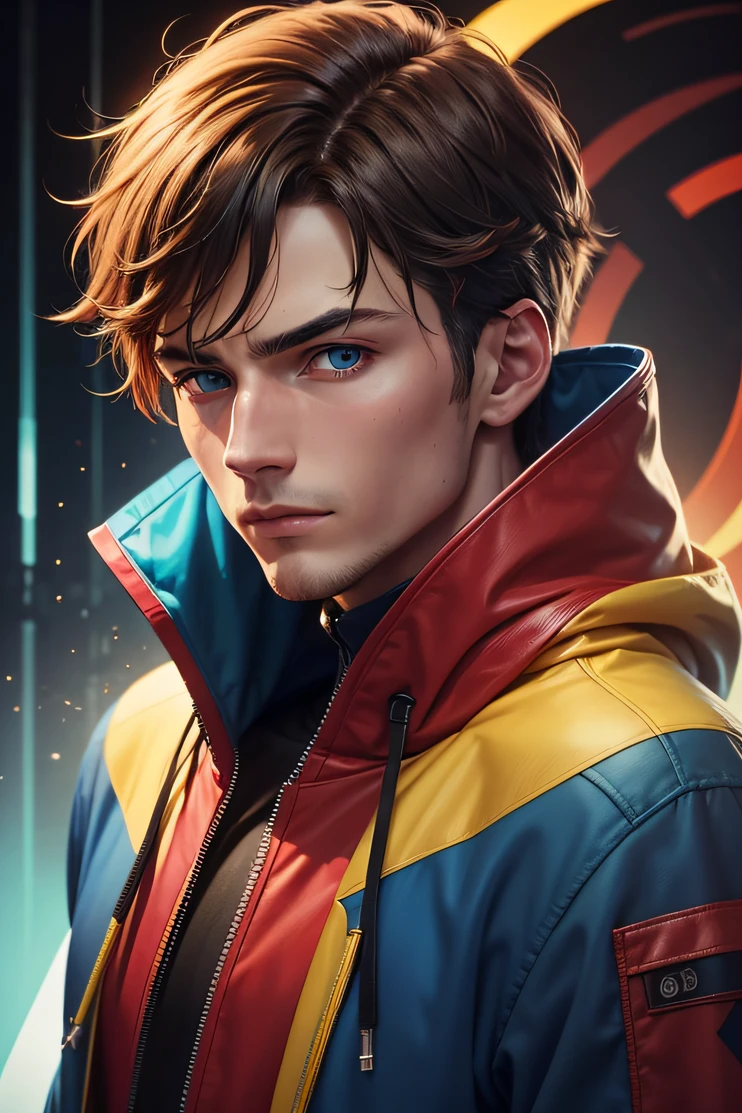 1 man with blue eyes, close-up from the front, wearing a red, yellow, blue and green colored hoodie, ultra realistic cyber coat