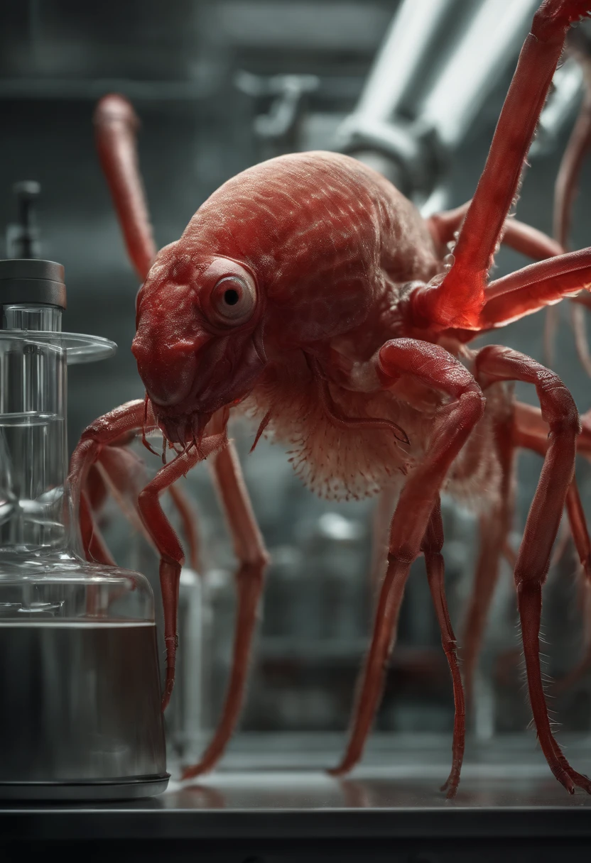 transparent creature with red blood, being observed in a laboratory by scientists,illustration,ultra-detailed,highres,realistic, portraits, vivid colors,studio lighting,sharp focus,physically-based rendering,creature anatomy,scientific research, microscopes, blood samples, laboratory equipment, intense gaze from scientists, scientific fascination, artistic portrayal, scientific exploration, contrasting colors, soft light, gloomy atmosphere, intricate details, detailed textures