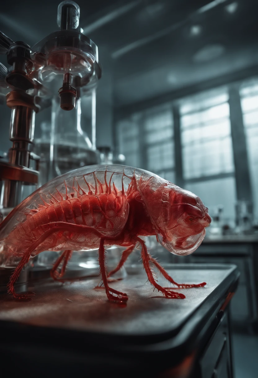 transparent creature with red blood, being observed in a laboratory by scientists,illustration,ultra-detailed,highres,realistic, portraits, vivid colors,studio lighting,sharp focus,physically-based rendering,creature anatomy,scientific research, microscopes, blood samples, laboratory equipment, intense gaze from scientists, scientific fascination, artistic portrayal, scientific exploration, contrasting colors, soft light, gloomy atmosphere, intricate details, detailed textures