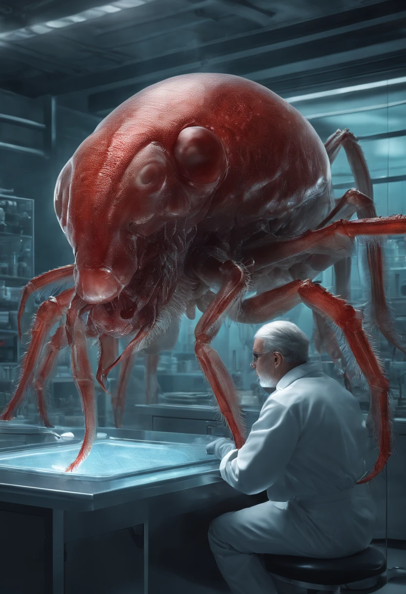 transparent creature with red blood, being observed in a laboratory by scientists,illustration,ultra-detailed,highres,realistic, portraits, vivid colors,studio lighting,sharp focus,physically-based rendering,creature anatomy,scientific research, microscopes, blood samples, laboratory equipment, intense gaze from scientists, scientific fascination, artistic portrayal, scientific exploration, contrasting colors, soft light, gloomy atmosphere, intricate details, detailed textures