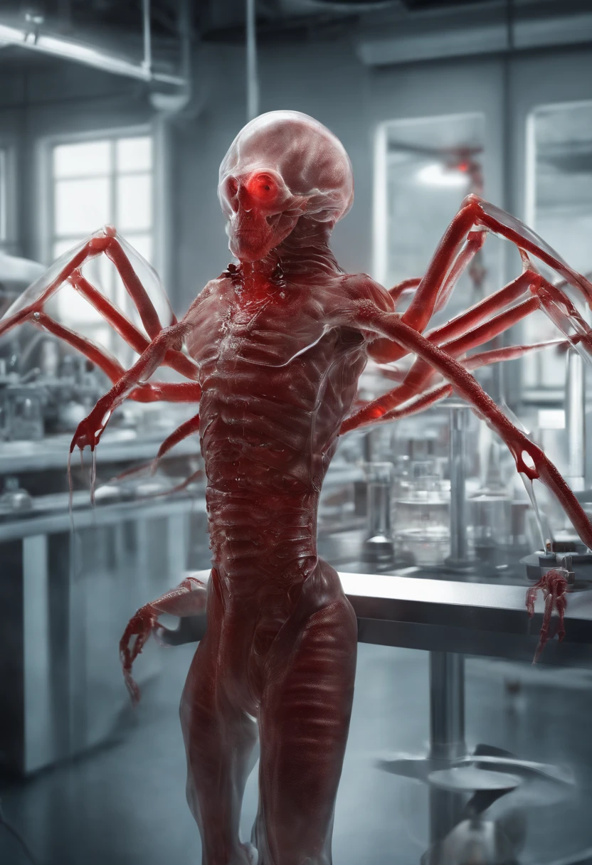 transparent creature with red blood, being observed in a laboratory by scientists,illustration,ultra-detailed,highres,realistic, portraits, vivid colors,studio lighting,sharp focus,physically-based rendering,creature anatomy,scientific research, microscopes, blood samples, laboratory equipment, intense gaze from scientists, scientific fascination, artistic portrayal, scientific exploration, contrasting colors, soft light, gloomy atmosphere, intricate details, detailed textures