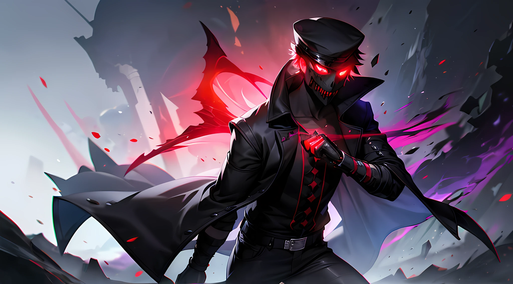 1boy, short black hair , red eye , glowing eye , purple theme , wearing gravedigger hat , gravedigger coat , putting on an obsidian skull mask , hell , high res, ultrasharp, 8K, masterpiece