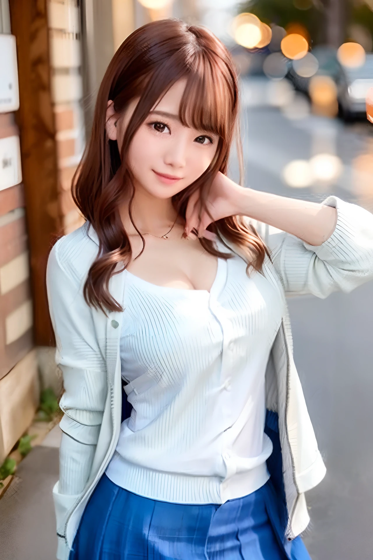 (Skin blemishes:1.2),1womanl, 21years old, (((femele))), (Skindentation), a gorgeous, 独奏, realisitic, top-quality, Photorealsitic, masterpiece, 8K, hight resolution, 独奏, extra detailed face, passport photo, fullface, (profetional lighting、bokeh dof), (light particules、lensflare、Luminous particles:0.6)、(dynamicposes:1.2)、Soft lighting、Top Angle View、Fashionable and trendy atmosphere、((Look at viewers))、 (looking in camera)、(portlate:0.6)、is standing、close up of face、(middlebreasts:1)、(The long-haired)、brown haired、Floating hair、nase、s lips、lipsticks、seducting smile、White Y-shirt、long skirt、Wearing a cardigan、Wear black glasses