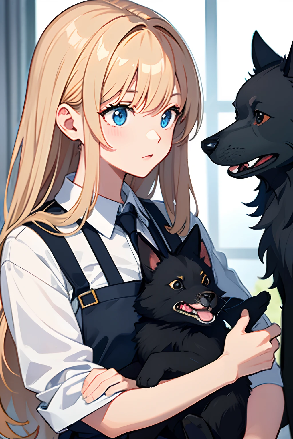 Masterpiece, veterinarian, girl holding cute dog, black hear, glasess