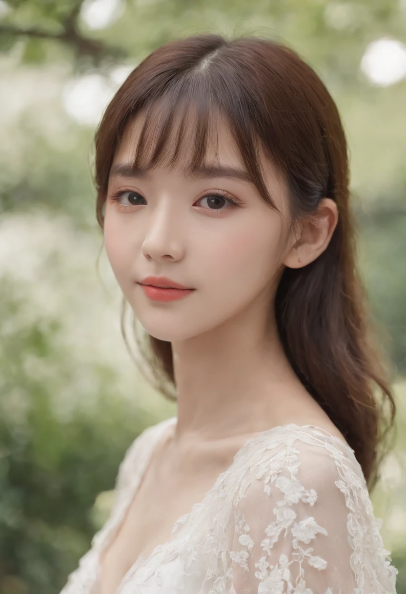 top-quality, Photorealsitic, masterpiece, 8K, Hi-Res, 独奏, 1girl in, (((infp young woman))),、full body Esbian、(small tits), ((Look at viewers)), (look at a camera), ((Different hairstyles close to long))、Perfect straight black hair、(((With bangs)))、 (profetional lighting), Highly detailed bright face、Gentle Japan girl、Lovely smile、Small cleavage、With lace、White dress(long-sleeve)、Standing in the park