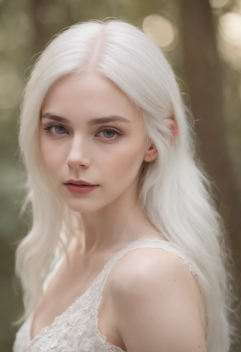 Albino female, 18 years old, handsome face, fine white skin, pearl white hair, pearl white eyebrows, long pearl white eyelashes, bright red eyes, cherry red cheeks, cherry red lips, slender neck, long slender limbs. , slender body, oversized breasts, cherry-colored nipples, large cherry-colored areolas, large round buttocks, extremely slender waist, firm belly, pearl white pubic hair, thick cherry-colored labia minora, not wearing anything, naked, Glamorous, erotic, natural light, standing on a path in the forest, morning, deep fog, super sharp focus, realistic shot, super high resolution,
