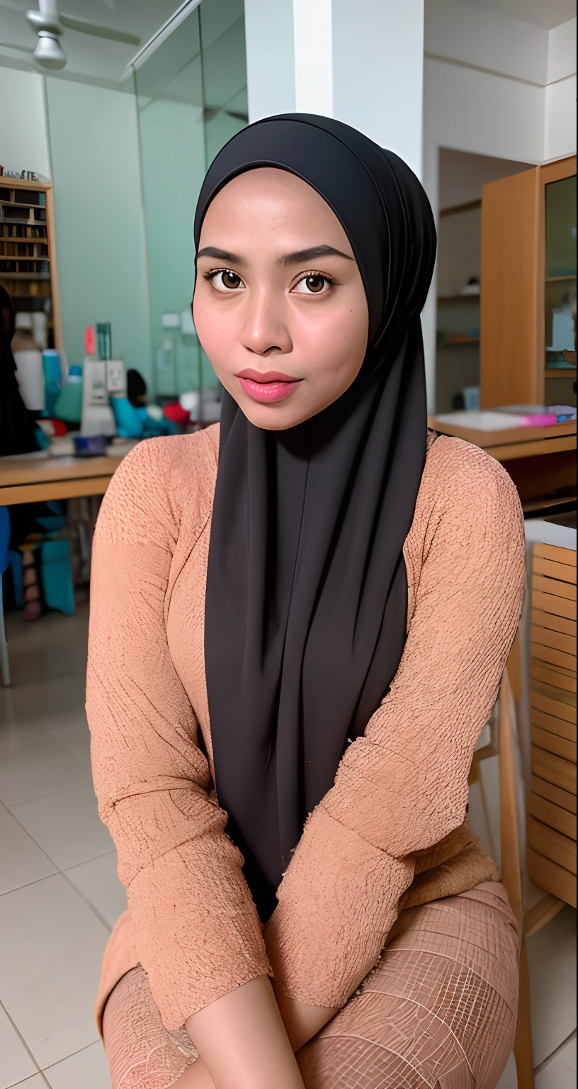 Craft an outstanding portrait that celebrates the beauty and individuality of a Malay girl in a hijab wearing only lace bra and panties. Showcase her personality and story through creative composition and lighting. Use natural light or unique artificial lighting to add depth and character to the portrait. Pay attention to the details of her hijab, clothing, and accessories, highlighting their textures and colors. Encourage the subject to express her emotions and character through her gaze and pose, creating a compelling and empowering portrait that captures her strength and uniqueness.
