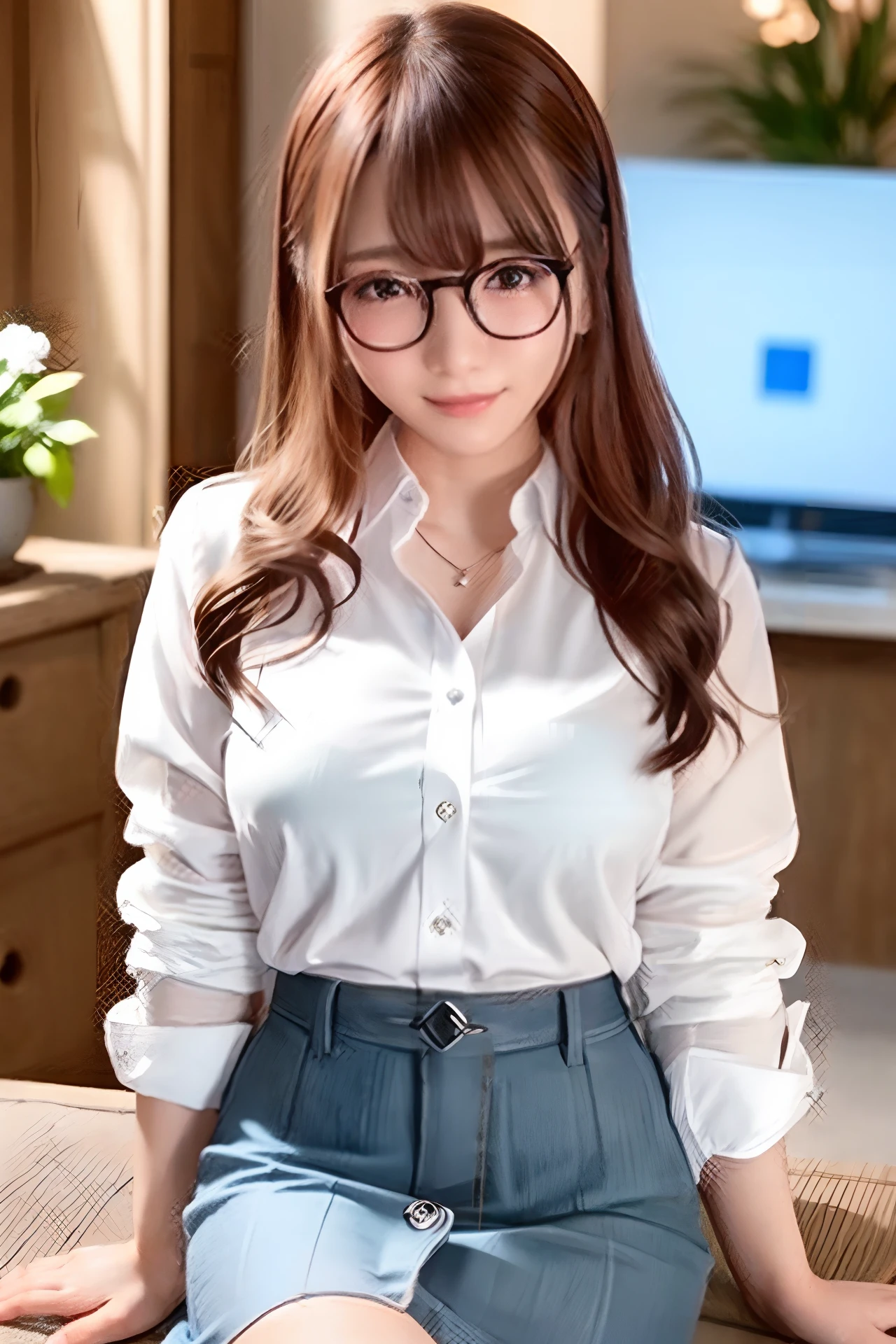 (Skin blemishes:1.2),1womanl, 21years old, (((femele))), (Skindentation), a gorgeous, 独奏, realisitic, top-quality, Photorealsitic, masterpiece, 8K, hight resolution, 独奏, extra detailed face, passport photo, fullface, (profetional lighting、bokeh dof), (light particules、lensflare、Luminous particles:0.6)、(dynamicposes:1.2)、Soft lighting、Top Angle View、Fashionable and trendy atmosphere、((Look at viewers))、 (looking in camera)、(portlate:0.6)、is standing、close up of face、(middlebreasts:1)、(The long-haired)、brown haired、Floating hair、nase、s lips、lipsticks、Black-rimmed glasses、seducting smile、White Y-shirt、long skirt、Wearing a cardigan、Wear black glasses