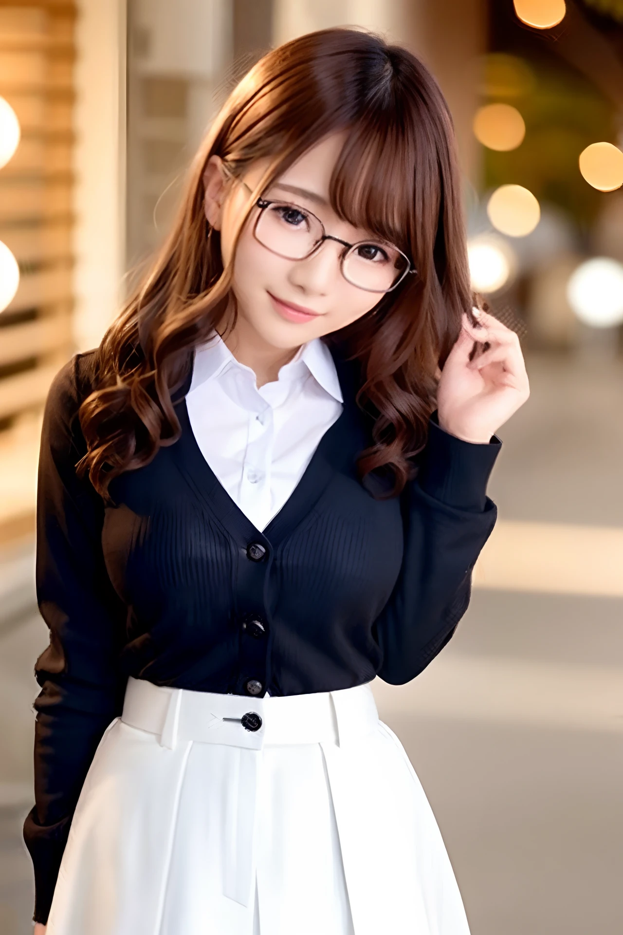 (Skin blemishes:1.2),1womanl, 21years old, (((femele))), (Skindentation), a gorgeous, 独奏, realisitic, top-quality, Photorealsitic, masterpiece, 8K, hight resolution, 独奏, extra detailed face, passport photo, fullface, (profetional lighting、bokeh dof), (light particules、lensflare、Luminous particles:0.6)、(dynamicposes:1.2)、Soft lighting、Top Angle View、Fashionable and trendy atmosphere、((Look at viewers))、 (looking in camera)、(portlate:0.6)、is standing、close up of face、(middlebreasts:1)、(The long-haired)、brown haired、Floating hair、nase、s lips、lipsticks、Black-rimmed glasses、seducting smile、White Y-shirt、long skirt、Wearing a cardigan、Wear black glasses