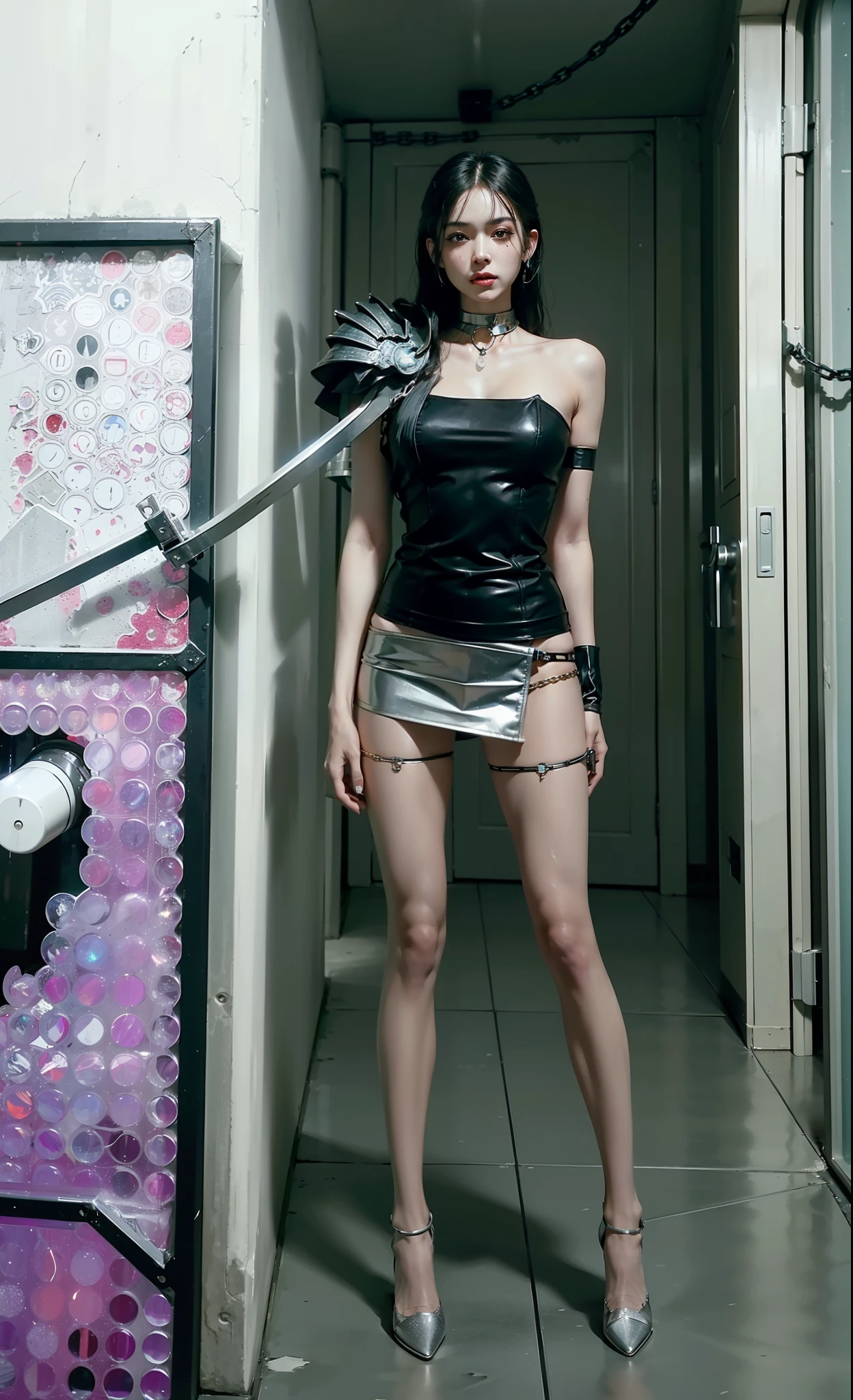 ,((Wearing a torn sheer costume of a superheroine)),(, No bra)), Wet crotch, Wet thighs, Beautiful girl with accentuated slender abs: 1.4, (((nipple tips protruding, areola is protruding, The shape of the pubic region is clearly visible)), sixpack abs: 1.4, Bust Botox, Photo, Sharpness, Unique 850 4, Koda850 k portrait camera, F1.6 shots, Ultra-realistic textures, Spectacular light textures, Cinestil 800 Fashion Mechanics, (futuristic sci-fi battle fashion: 1.1), (tied perfectly by chain), Restraint, Slaves, collars, ((wide prison with sunlight)), Dark fantasy, Realistic material details, extreme hight detail, Ultra-realistic materials ((Torn costume))), Wet, Cloudy, (Chained)), ((big emphasized by chains)), ((chains digging into crotch)), ( (Collar)), (, No bra), shredded costumes, broken golden shields and battle spears,, White combat gloves, Combat shoulder armor, Blood splattered on the face, Blood splattered, Realistic, (Bruises, Dirty, ripped clothing, skimpy clothing, Blood: 1.3), Torn Cape, Torn pantyhose, Long legs, ((iron pipe in the crotch)), Metallic shackles and fetters, ((chains hung from heaven)), Wet crotch is clearly visible, Swarovski's sword and the anatomy beneath his feet, (futuristic sci-fi battle fashion, Torn mesh stockings),