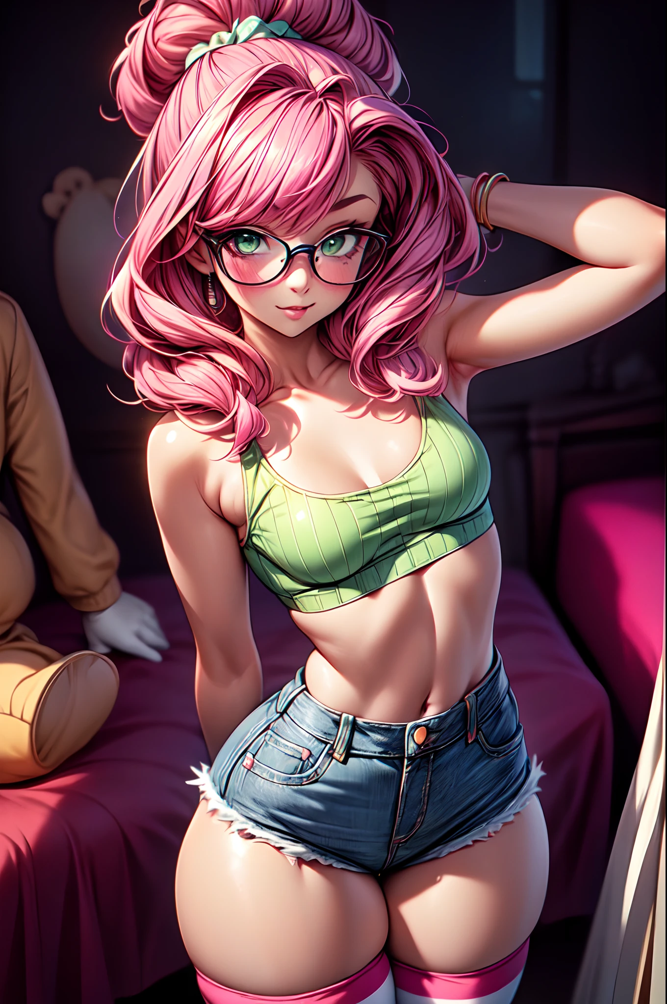 dreamlike, high angle shot, Best quality, Beautiful detailed, 1girl, small breasts, small hips, green eyes, pink hair, crop top, denim shorts, bedroom, striped thighhighs,pervert, petite, glasses,