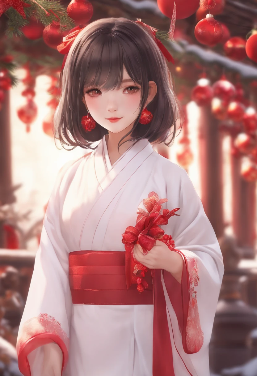 1girl, retrato, Hair pink, Eyes white, short hair, Bob cut, cabello alborotado, Yukata white and red, Christmas Festival,