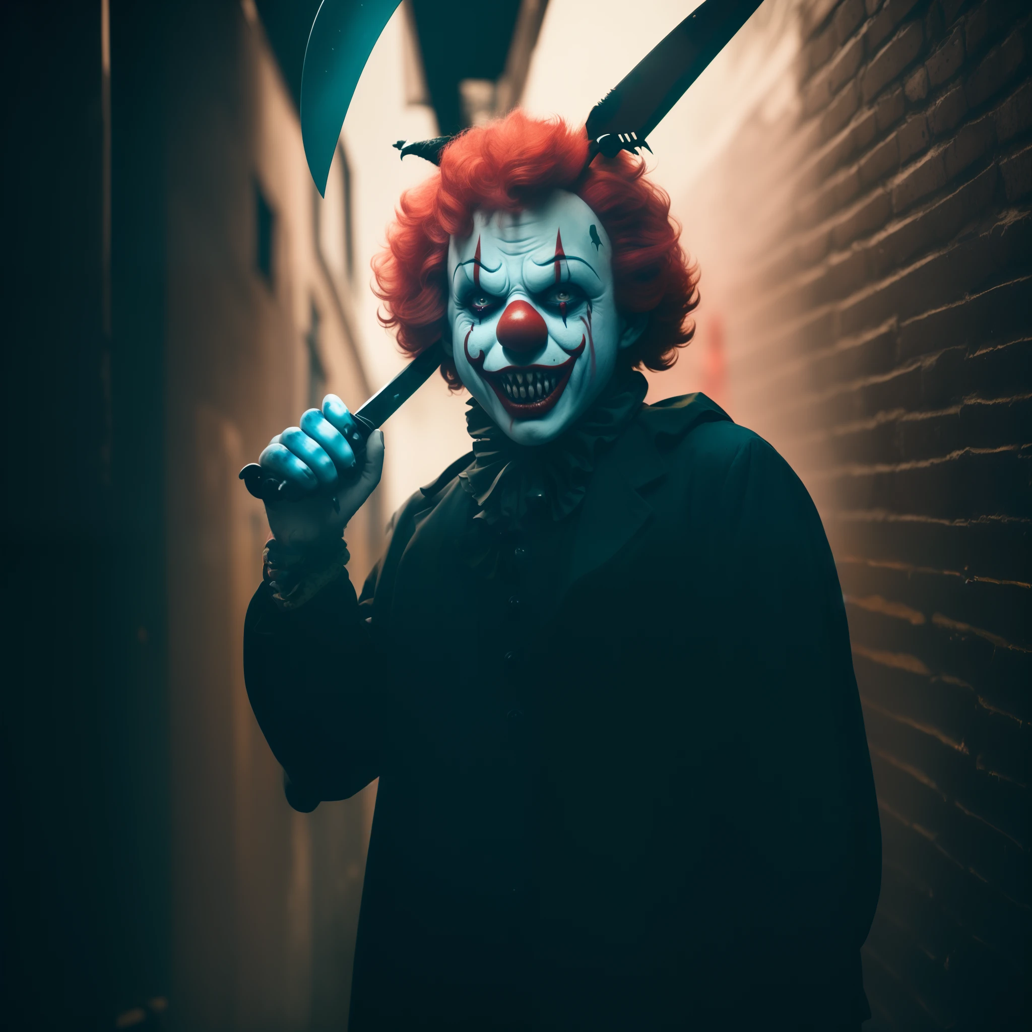 arafed clown with a knife and a bloody nose, scary clown, the clown is far from the camera, in an alleyway during the purge, scary look, villain wearing a red oni mask, impending doom in an alleyway, clown, scary picture, murderous carnival freak, scary, wearing accurate clown makeup, pennywise style, extremely scary