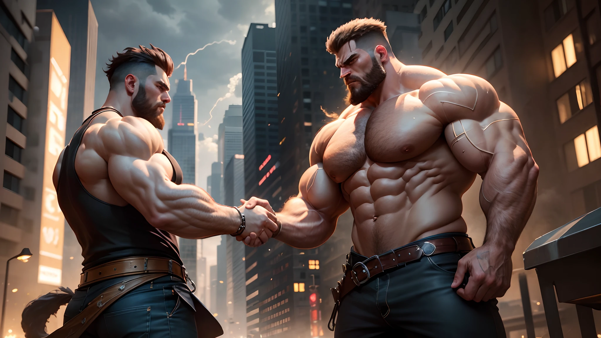 (best quality,4k,8k,highres,masterpiece:1.2),ultra-detailed,realistic:1.37,giant muscular god-like figure,extremely massive, colossal, towering over buildings, short beard and short hair, fierce eyes,fierce expression,long eyelashe,olhando para mim, wanting to catch me with your hand,imposing stature,strong build,ripped muscles,veins popping out,sturdy posture,dominating presence,godlike aura,impressive physique,brute force,unmatched strength,awe-inspiring sight,powerful hand reaching out,buildings look tiny and insignificant,cityscape filled with awe and fear,powerful aura radiating,graceful movements,The light in the background is depicted as if illuminating the gods,Materials can be photographic or rendering of lighting parties,Striking presence,The perspective highlights the mighty and fearsome power of the giants,vivid colors to enhance the vibrant atmosphere,subtle color grading to create a surreal ambiance,Intense neon lights and contrasting shadows,Extremely fine muscle texture and detailed description,A huge body compared to a tall building,a sense of epicness and grandeur in the entire scene,A shocking expression,Background details that balance and harmony with other elements,powerful hands grabbing onto buildings in a firm grip,Mechanical animation effects based on fists and footsteps,powerful gusts of wind swirling around the figure,forceful air currents creating a dynamic atmosphere.