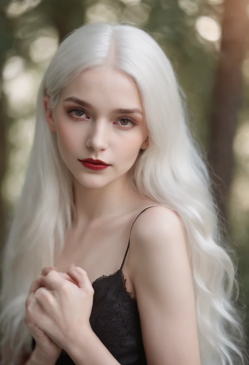 very beautiful person, petite,"thin in the extreme", with small, "pixie-like" features,long white hair, extreme pale skin,red pupils,raven black dress