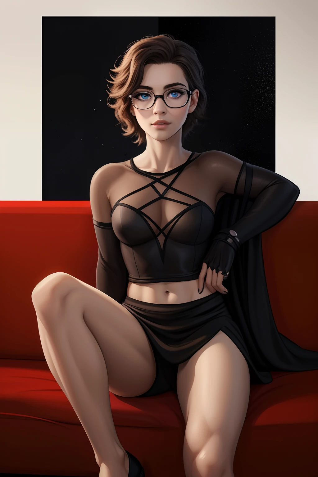 Woman with glasses sitting on a couch with a furry , aluna hiperrealista, com rabo-de-porco preto, character is in her natural pose, imagem ultra realista, Commission for High Res, nerdy black girl super hero, With eye Glasses, uma aluna hiperrealista, thick glasses, Estilo de arte fotorrealista, photorealistic illustration, Estilo de arte realista, Realistic student cosmic fallen angel, olhos claros brilhantes, Biomechanicals, estranho, assustador, pesadelo, cores muito brilhantes, light particles, com luz brilhante, Mshiff, Arte do papel de parede, papel de parede uhd, Anakil Skywalker, 15 anos, roupas medievais