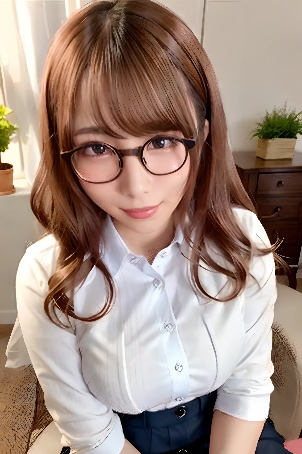 (Skin blemishes:1.2),1womanl, 21years old, (((femele))), (Skindentation), a gorgeous, 独奏, realisitic, top-quality, Photorealsitic, masterpiece, 8K, hight resolution, 独奏, extra detailed face, passport photo, fullface, (profetional lighting、bokeh dof), (light particules、lensflare、Luminous particles:0.6)、(dynamicposes:1.2)、Soft lighting、Top Angle View、Fashionable and trendy atmosphere、((Look at viewers))、 (looking in camera)、(portlate:0.6)、is standing、close up of face、(middlebreasts:1)、(The long-haired)、brown haired、Floating hair、nase、s lips、lipsticks、Black-rimmed glasses、seducting smile、White Y-shirt、long skirt、Wearing a cardigan、Wear black glasses
