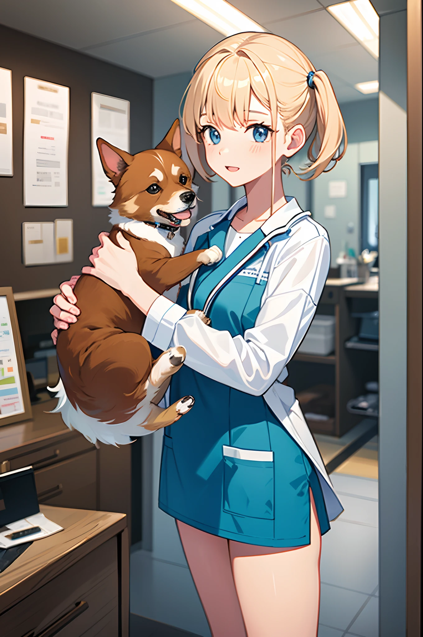Masterpiece, veterinarian, girl holding cute dog, veterinary clinic