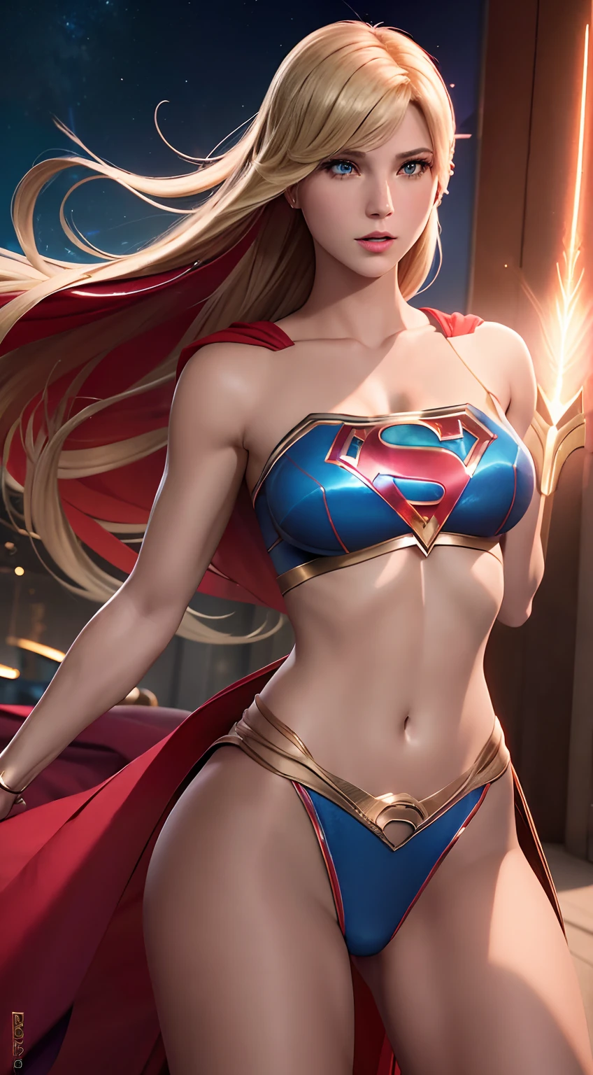 high cinematic quality, fotografia profissional, cena de fantasia, Supergirl stopping a missile, supergirl usa terno preto e dourado, terno sexy,com uma camada flutuante e um "s" No peito. Totally sexy in sensual dynamic pose, Fantasia Sexy Supergirl .