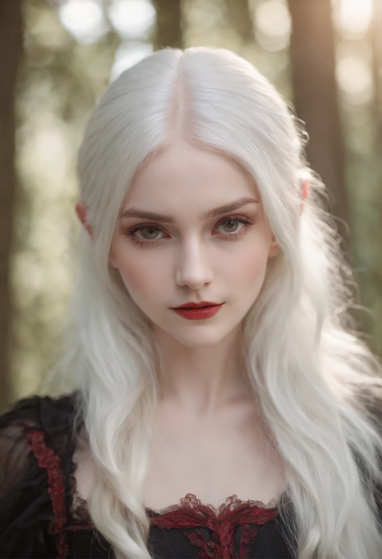 very beautiful person, ite,"thin in the extreme", with small, "pixie-like" features,long white hair, extreme pale skin,red pupils,raven black dress