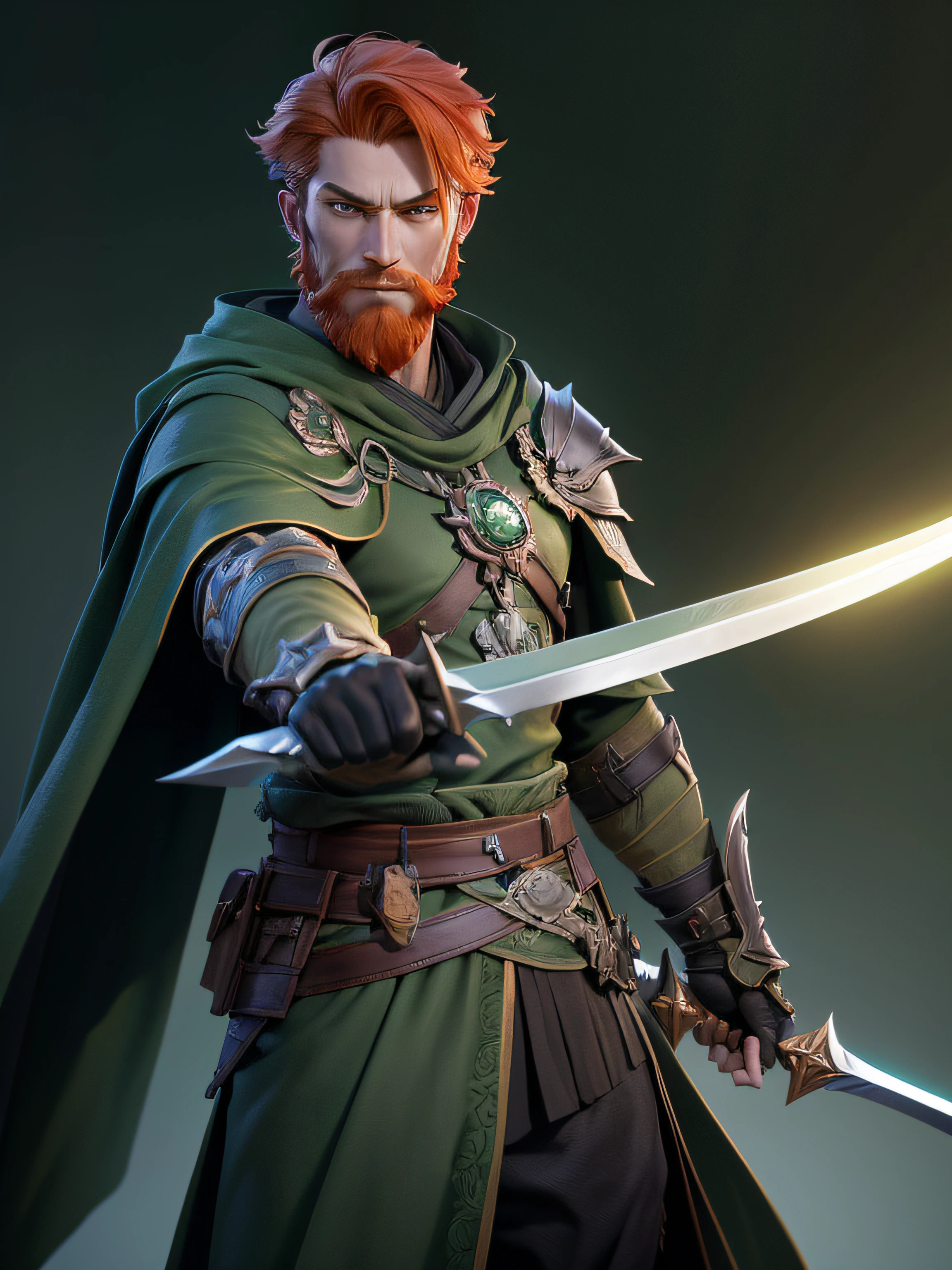 arafaced man in a green outfit holding two swords, a character portrait inspired by Yi Jaegwan, polycount contest winner, renaissance, heroic figure, hero character art, heavy cloak, heroic fantasy character concept, green cloak, rogue class warrior class, male human ranger, Ginger Beard, Ginger Hair, Green Eyes Glowing, Forest Background, FOREST BACKGROUND