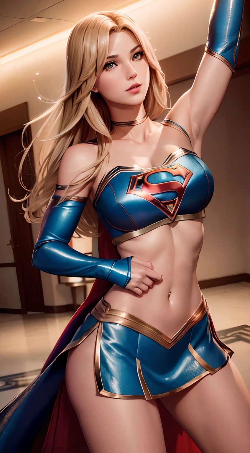 high cinematic quality, fotografia profissional, cena de fantasia, Supergirl stopping a missile, supergirl usa terno preto e dourado, terno sexy,com uma camada flutuante e um "s" No peito. Totally sexy in sensual dynamic pose, Fantasia Sexy Supergirl .
