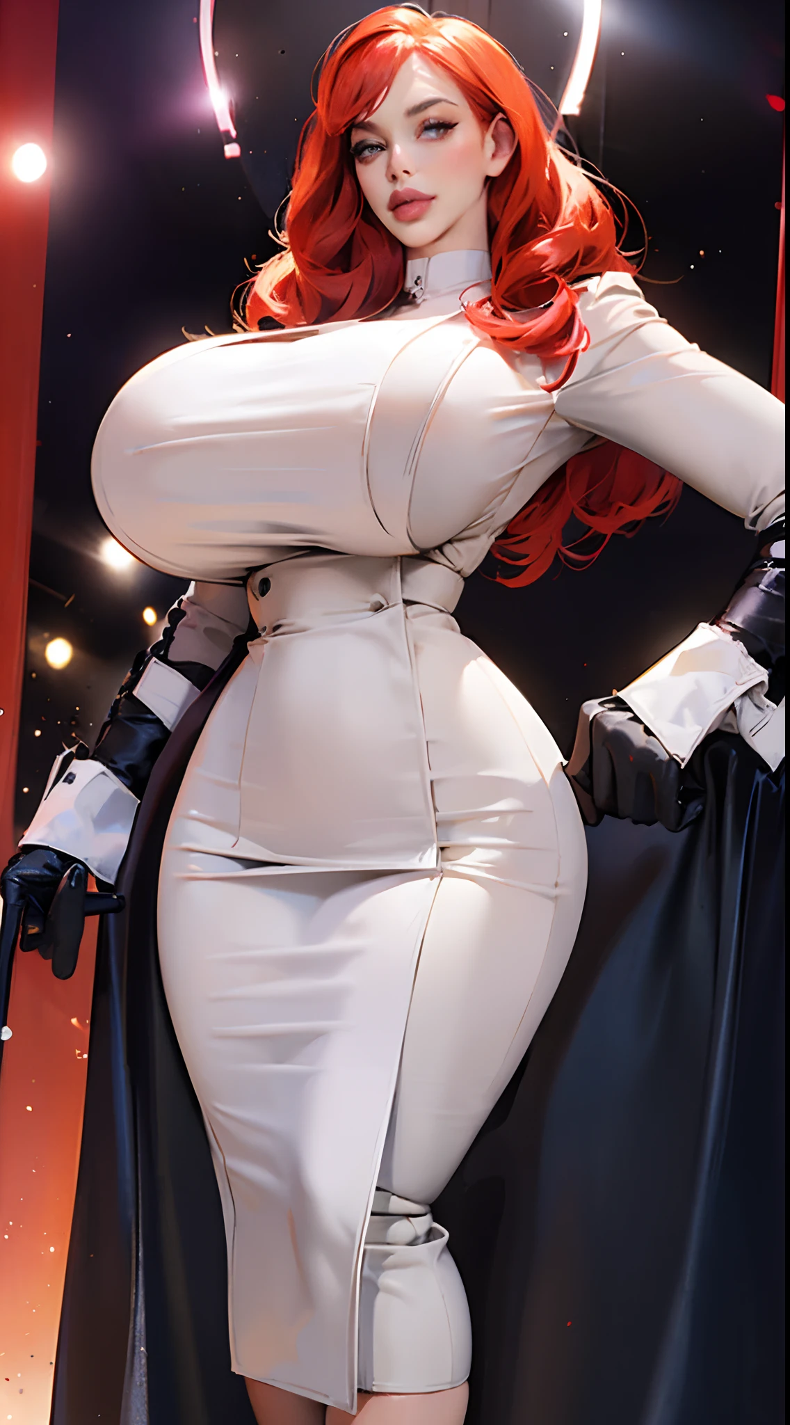 Christina Hendricks as a doctor, tall, curvaceous, hot and attractive, small waist, big hips, hip dips, large breasts, massive chest, big lips, bimbo lips, white lab coats, leather pencil skirt, leather skirt, bending over, in front of viewer, Best quality, 8k, Masterpiece, realistic, photorealistic, (gigantic breasts:1.2)