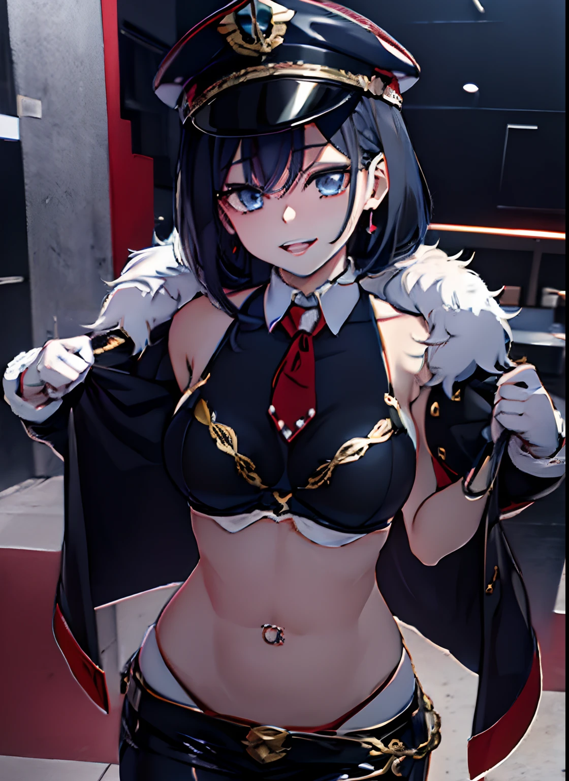 anime character dressed in uniform posing for a picture, seductive anime girl, top rated on pixiv, mikudayo, small curvy , pixiv 3dcg, fluffy chest, anime moe artstyle, attractive anime girl, [ 4 k digital art ]!!, anime style 4 k, popular on pixiv, navel piercing, anime girl with black hair, anime girl with long hair, girl with long black hair