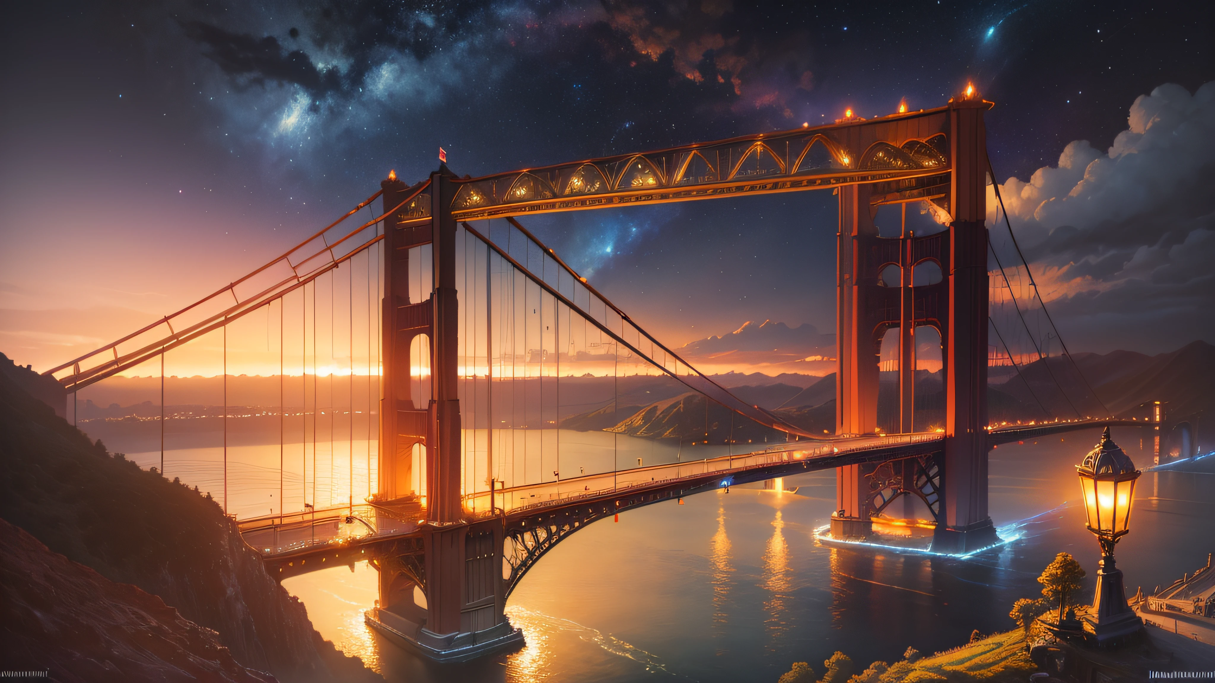 a painting of a bridge over a body of water with a alien space ship, inspired by mark keathley, golden gate, golden gate bridge, ( thomas kincade ), ( ( thomas kinkade ) ), thomas kincade, thomas kindkade, by mark keathley, rhads and thomas kinkade, thomas kinkade. highly detailed, breathtaking masterpiece of art
