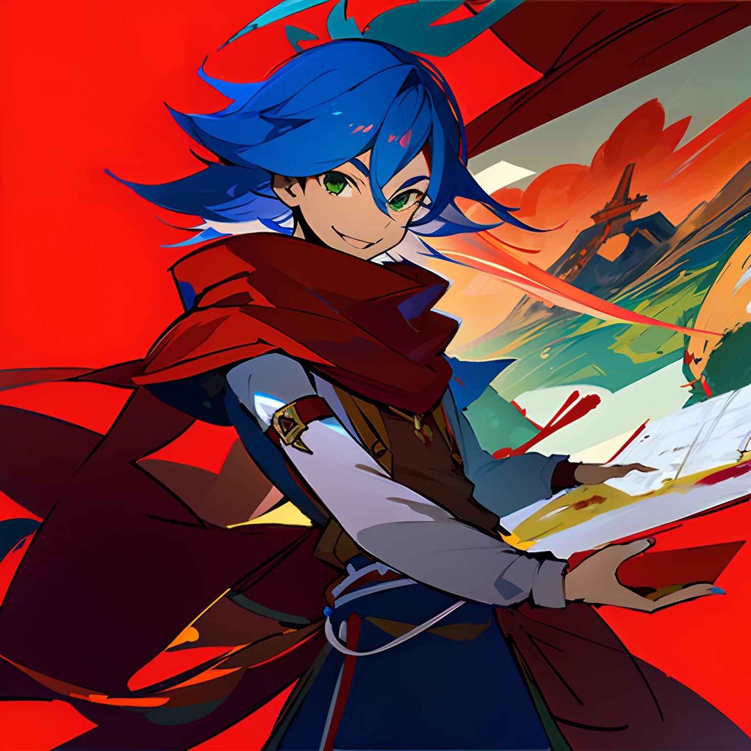 teenage Male, dark blue hair, green eyes, smiling, happy, wearing red scarf, silly, holding giant paintbrush