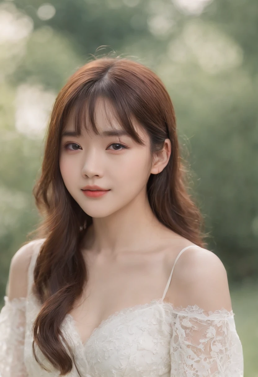 top-quality, Photorealsitic, masterpiece, 8K, Hi-Res, 独奏, 1girl in, (((infp young woman))),sixteen years old、full body Esbian、(small tits), ((Look at viewers)), (look at a camera), ((Different hairstyles close to long))、Perfect straight black hair、(((With bangs)))、 (profetional lighting), Highly detailed bright face、Gentle Japan girl、Lovely smile、Small cleavage、With lace、White Dress(long-sleeve)、Standing in the park