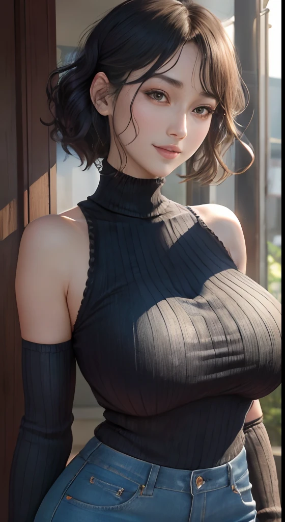 masutepiece, Best Quality、Realistic, ( Intricate details, depth of fields)、Hyper-Realism, 8K, Best Quality, Super Detail, retinas, ighly detailed, Perfect face, Perfect body, Huge breasts, Constriction, Very big ass, Glamour, indirect lighting, hair wavy、Shorthair、prety woman,A dark-haired、goddess of Japan、 the perfect appearance, Smile, Lolita, Oily skin、shinny skin, Sweaters((long-sleeve))((Knitted material))((high-necked))、JINS((denim))((Body lines come out))、Beautiful natural park、natural soft light, Anatomically correct（(Full Body including thighs))a picture、Skin Texture、