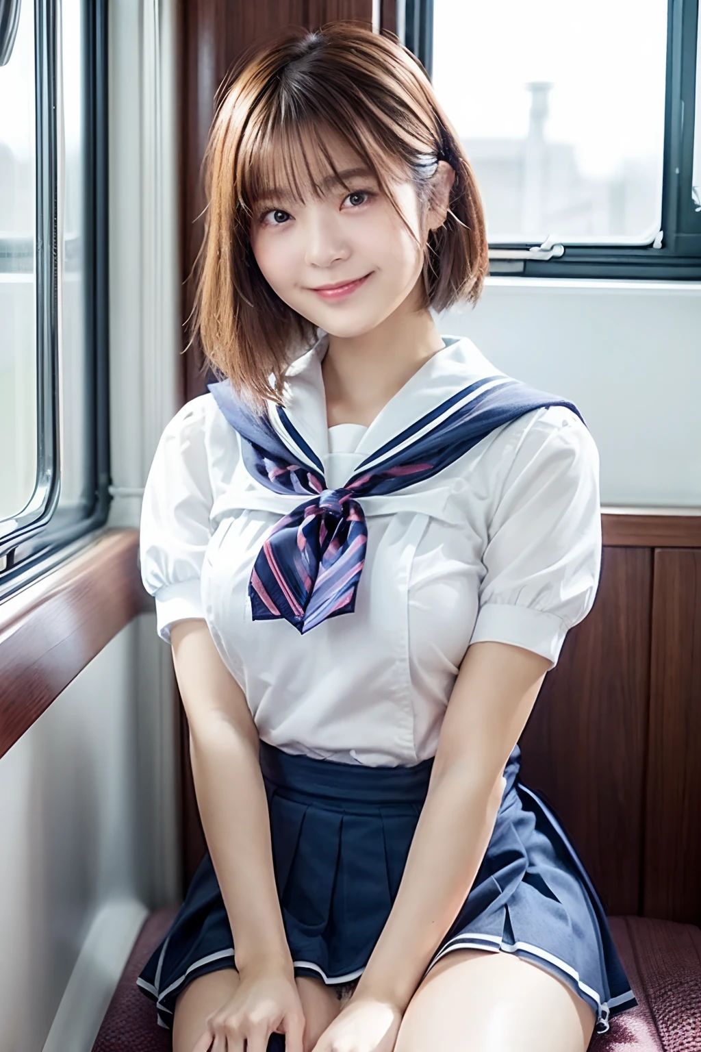 top-quality,ultra-detailliert,​masterpiece,realisitic,Photo Real,Bright lighting,1 girl in, an extremely beautiful -yeld gi (kawaii:1.2),Thin smile, (Brown eyes),(brown haired),(bangss),perfect glossy skin,flawless skin,((erotick,Sexy and sexually explicit)),((accurate hands without incongruity)), large full breasts,big breasts thin waist, Look at viewers,((a sailor suit)),((Short sleeve uniform white shirt)),(red necktie),(Blue Mini Pleated Skirt),(((skirt lift by yourself))),(lifted by self),(Showing panties),panties on,panties focus,((Sit up,spread legswide)), sockes, (Black knee socks),(Loafer shoes), during daytime,On the train,Horizontal long seat with your back to the window, (((Bra Lift))), open legs:1.5