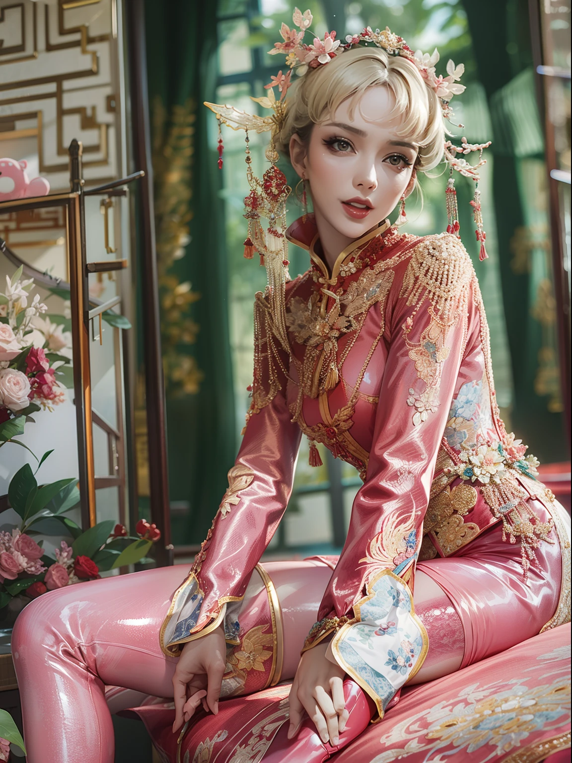（ 8K， Dynamic action， pale washed out style， Dreamy nostalgia， Soft focus， dark halo， light  leaks， Medium photography， Coarse grain photos， tmasterpiece， top-quality， 8K， realisticlying， Very dense CG， shiny skins，）(A couple:1.8)，Wedding scene，half-body portrait，Weddings，ornate garment，Chinese elements，macro photography，Red and gold matching scene，Grand, Gorgeous，The happy expression of the character，insanely detailed and intricate, hypermaximalist, elegant, opulent, Ultra photo realsisim, Super detailed(RAW photo:1.2)，Pink latex jumpsuit，Hollow-out on，Holt collar, latex shiny,tight-fitting，sweat leggs，White liquid， Pink body, wearing atsuko kudo latex outfit, wearing tight suit, Smooth pink skin, catsuits, Wearing latex, shiny plastic, shiny metallic glossy skin, The color of pink glow, latex outfit, chrome bodysuit, cyberpunk glossy latex suit, Shiny, futuristic glossy latex suit　spread their legs　M-shaped legs　angry look　sullenness　Irritated，white liquid all over body，Full body like