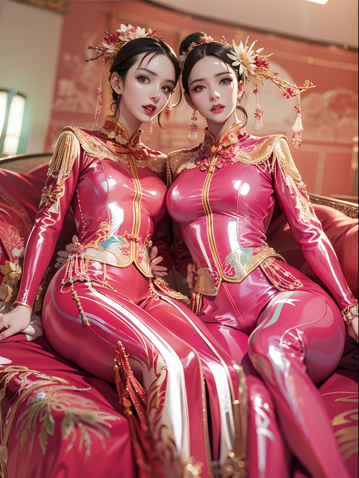 （ 8K， Dynamic action， pale washed out style， Dreamy nostalgia， Soft focus， dark halo， light  leaks， Medium photography， Coarse grain photos， tmasterpiece， top-quality， 8K， realisticlying， Very dense CG， shiny skins，）(A couple:1.8)，Wedding scene，half-body portrait，Weddings，ornate garment，Chinese elements，macro photography，Red and gold matching scene，Grand, Gorgeous，The happy expression of the character，insanely detailed and intricate, hypermaximalist, elegant, opulent, Ultra photo realsisim, Super detailed(RAW photo:1.2)，Pink latex jumpsuit，Hollow-out on，Holt collar, latex shiny,tight-fitting，sweat leggs，White liquid， Pink body, wearing atsuko kudo latex outfit, wearing tight suit, Smooth pink skin, catsuits, Wearing latex, shiny plastic, shiny metallic glossy skin, The color of pink glow, latex outfit, chrome bodysuit, cyberpunk glossy latex suit, Shiny, futuristic glossy latex suit　spread their legs　M-shaped legs　angry look　sullenness　Irritated，white liquid all over body，Full body like