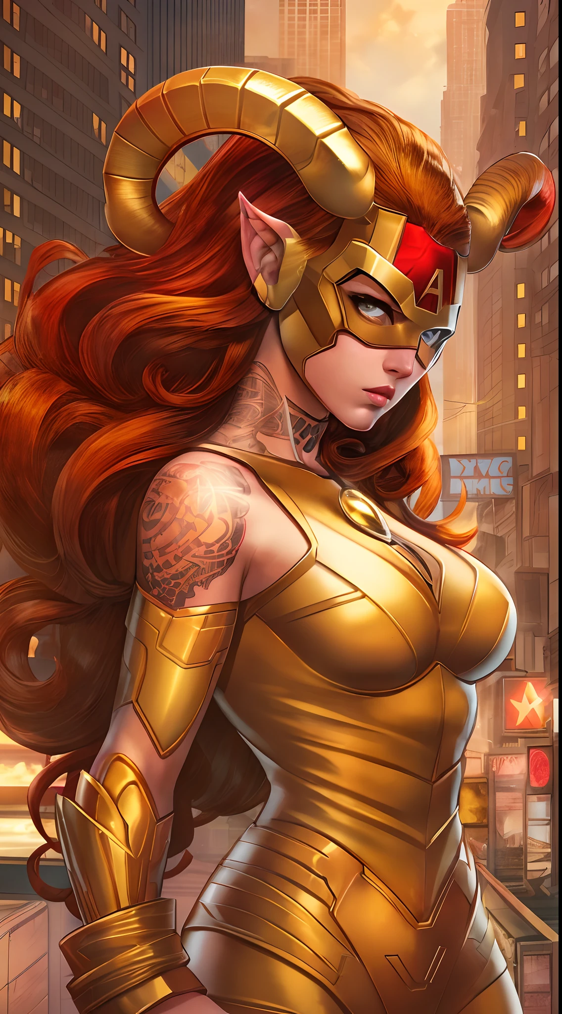 Aries sign Super hero,Full Body , Sensual Body,Girl, athlete body , Long red hair that looks like it's on fire , golden eyes ,Red and gold sheep costume Sensual,Ram horns helmet ,Powerful Pose ,Aries tattoo in the middle of the chest ,city ​​background  , Style X-men,The avengers,Cartoon style