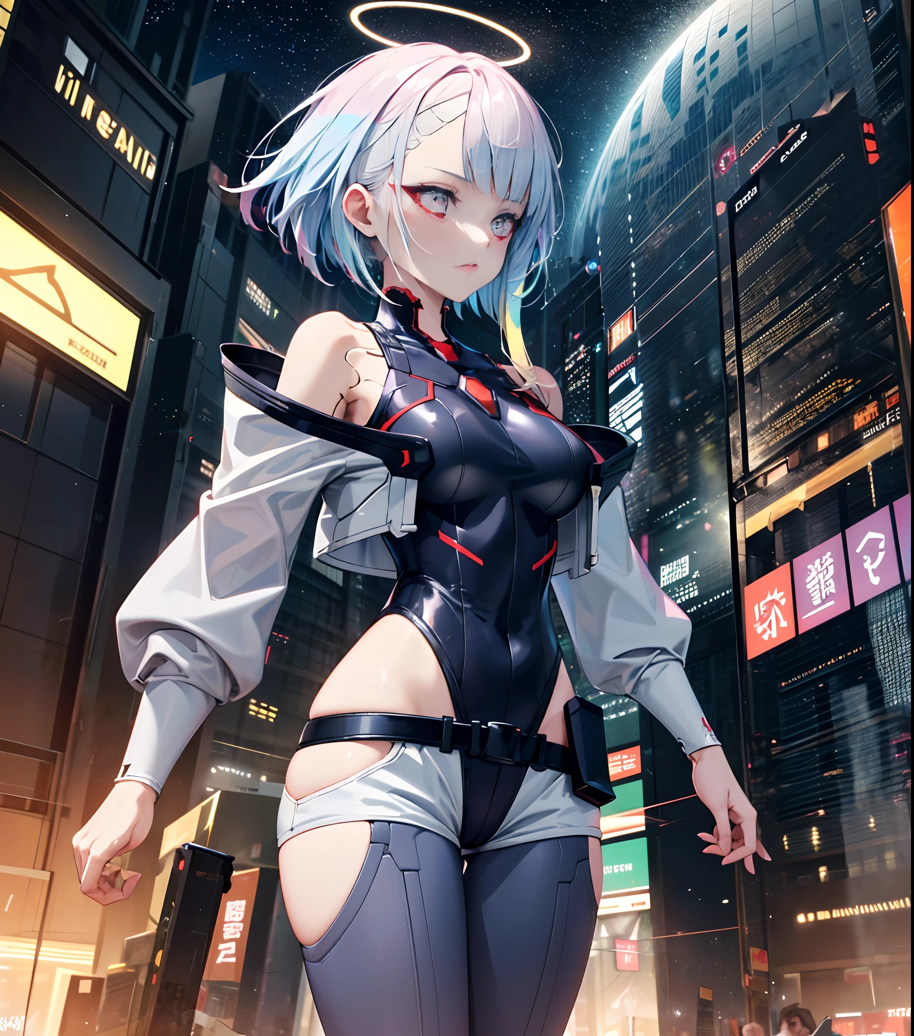 masterpiece,best quality,ultra-detailed,very detailed illustrations,extremely detailed,intricate details,highres,super complex details,extremely detailed 8k cg wallpaper,cowboy shot, caustics,reflection,ray tracing,demontheme,nebula,dark aura,cyber effect, (1girl:1.4),solo, lu1, cyborg, multicolored hair, makeup, bare shoulders, black leotard, highleg leotard, (thong:1.1), white jacket, open jacket, belt, shorts,alone,mecha musume, robot joints,single mechanical arm, headgear, mechanical halo,star halo,intricate mechanical bodysuit, mecha corset, full armor, red eyes,glowing eye,eye trail, random expressions,random action, ancient japanese architecture,pond, starry sky,skyline,
