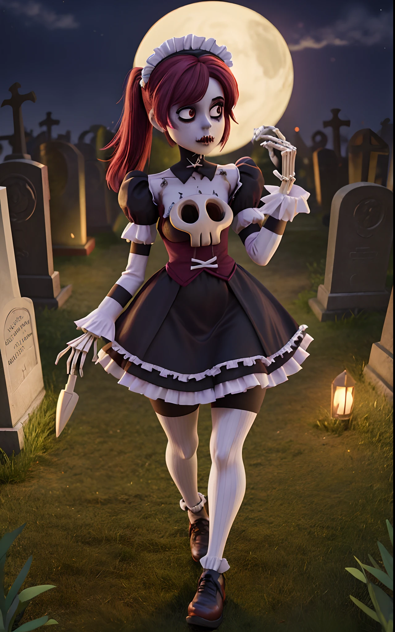 Create a 64k image of a zombie skeleton woman, dressed as a maid, in a macabre graveyard at night.