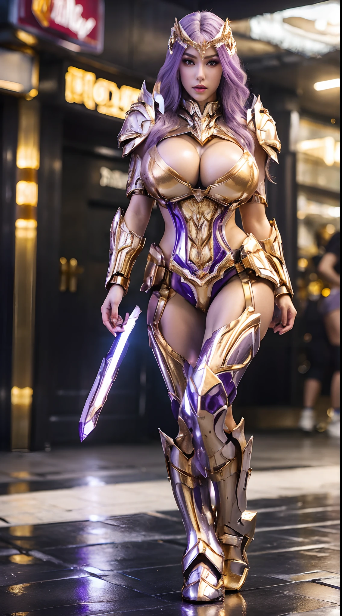 A WOMAN, BEAUTIFULL FACE, (WHITE, GOLD, PURPLE:1.2), (SEXY RED LIBS:1), (BEAUTY MAKEUP:1), (SHINY SKIN:1.2), (HUGE BOOBS:1.1), (FULL BODY:1.1), (MECHA BATTLE ARMOR:1), (CLEAVAGE:1), TRANSPARANT, TALL LEGS, STANDING, (SEXY BODY:1), (MUSCLE ABS:1.1).