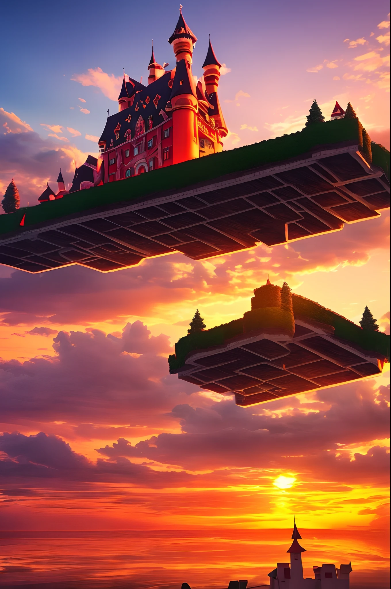 Giant moving castles float in the air，White clouds everywhere，the setting sun，Red sunset，4K Ultra HD, 超高分辨率, (Photorealistic: 1.4), Best quality，Masterpiece