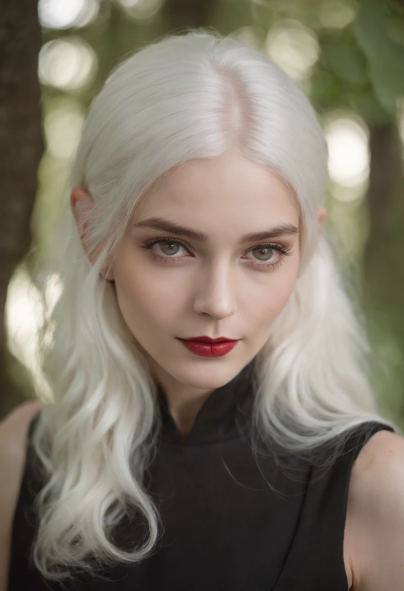 very beautiful person, petite,"thin in the extreme", with small, "pixie-like" features,long white hair, extreme pale skin,red pupils,raven black dress,full body,forest,night